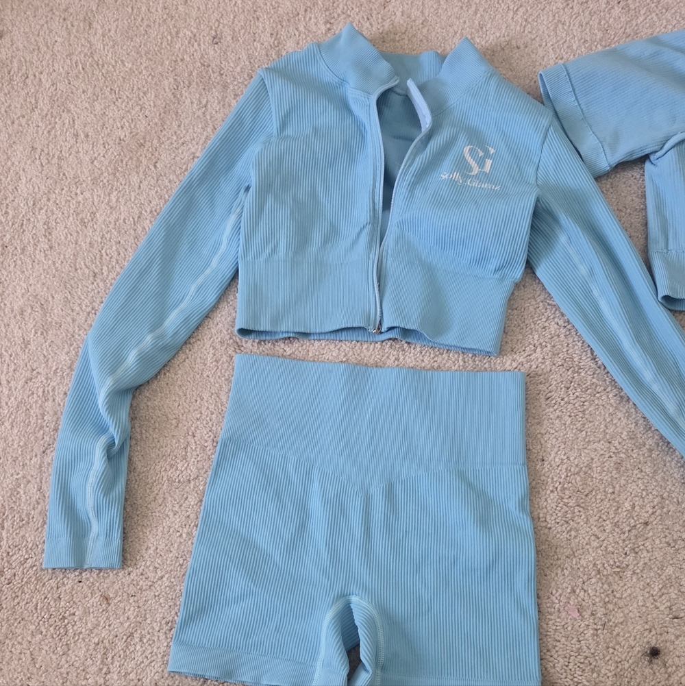 H&M Light Blue Ribbed Active Set Leggings & Crop Jacket